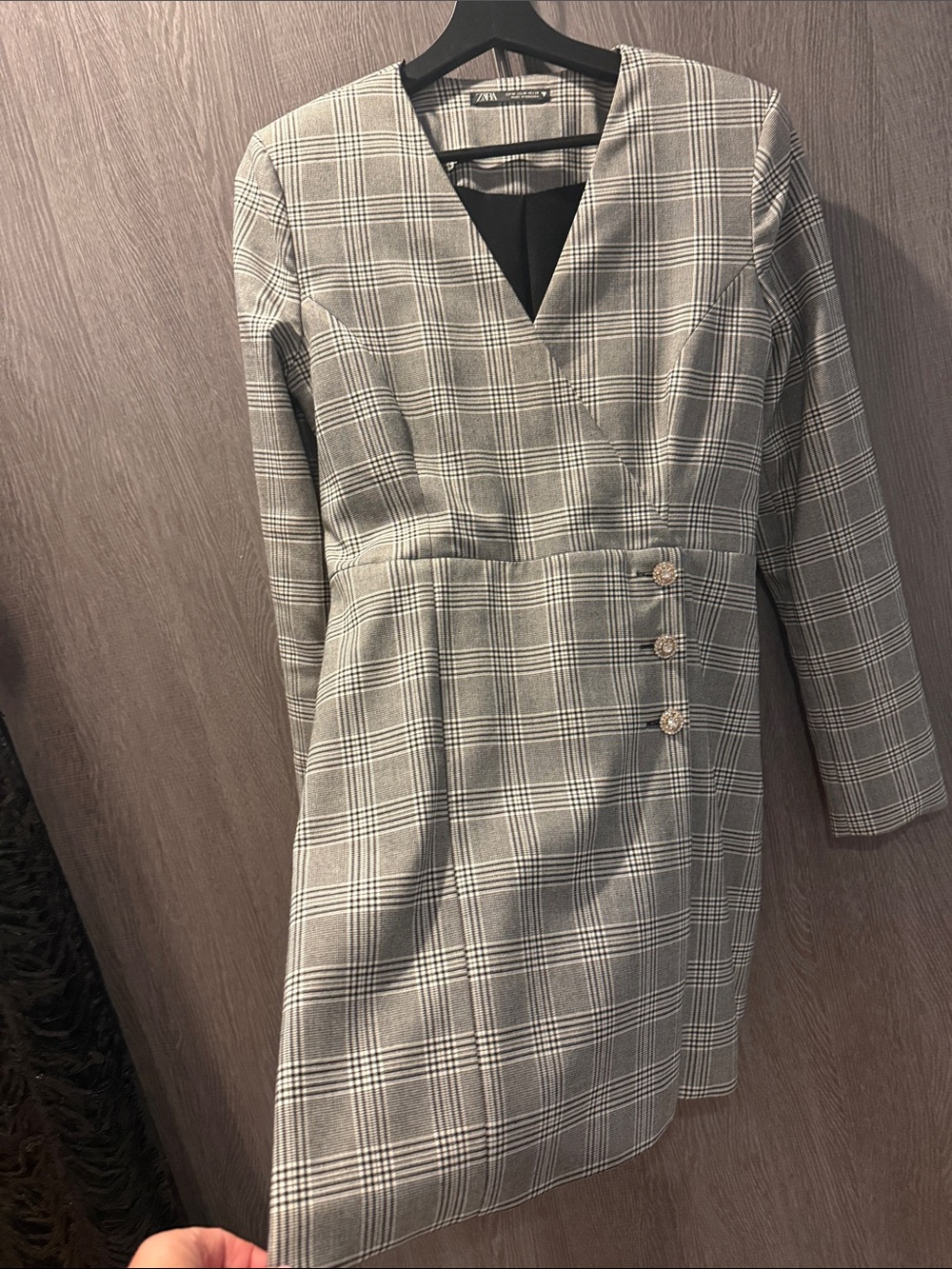 Plaid V-Neck Long Sleeve Dress with Decorative Buttons - Gray